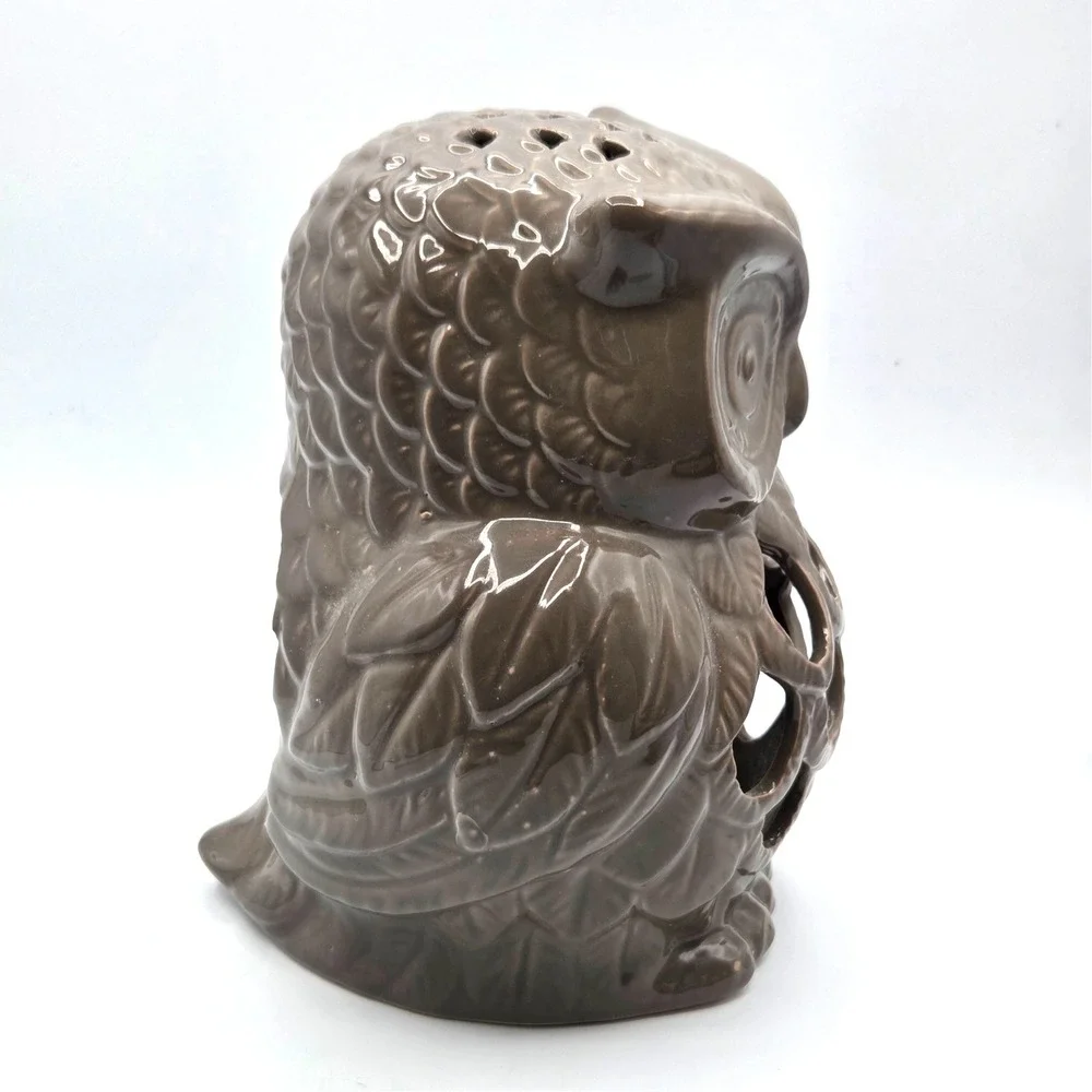 Owl Luminary Candle Holder Lantern Light Brown Gray  Ceramic 9.5
